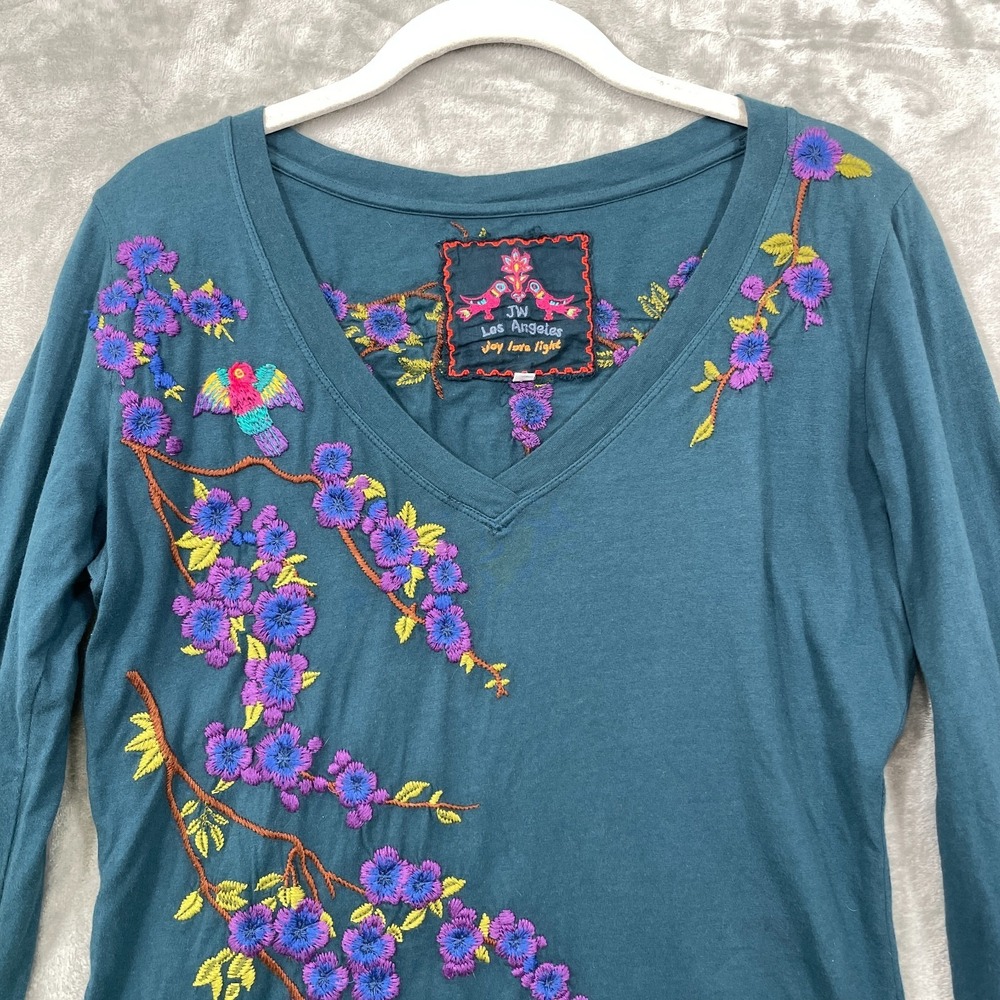 Johnny Was Teal Long Sleeve V-Neck Tee with Purple Floral Embroidery - Picture 3 of 7